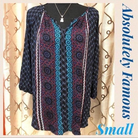 Absolutely Famous Peasant Blouse Boho Navy Blue Small Printed 3/4 Sleeves Rayon - Picture 2 of 5